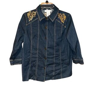 Susan Graver Womens Denim Shirt‎ Jacket Medium Embroidered Sequins Western